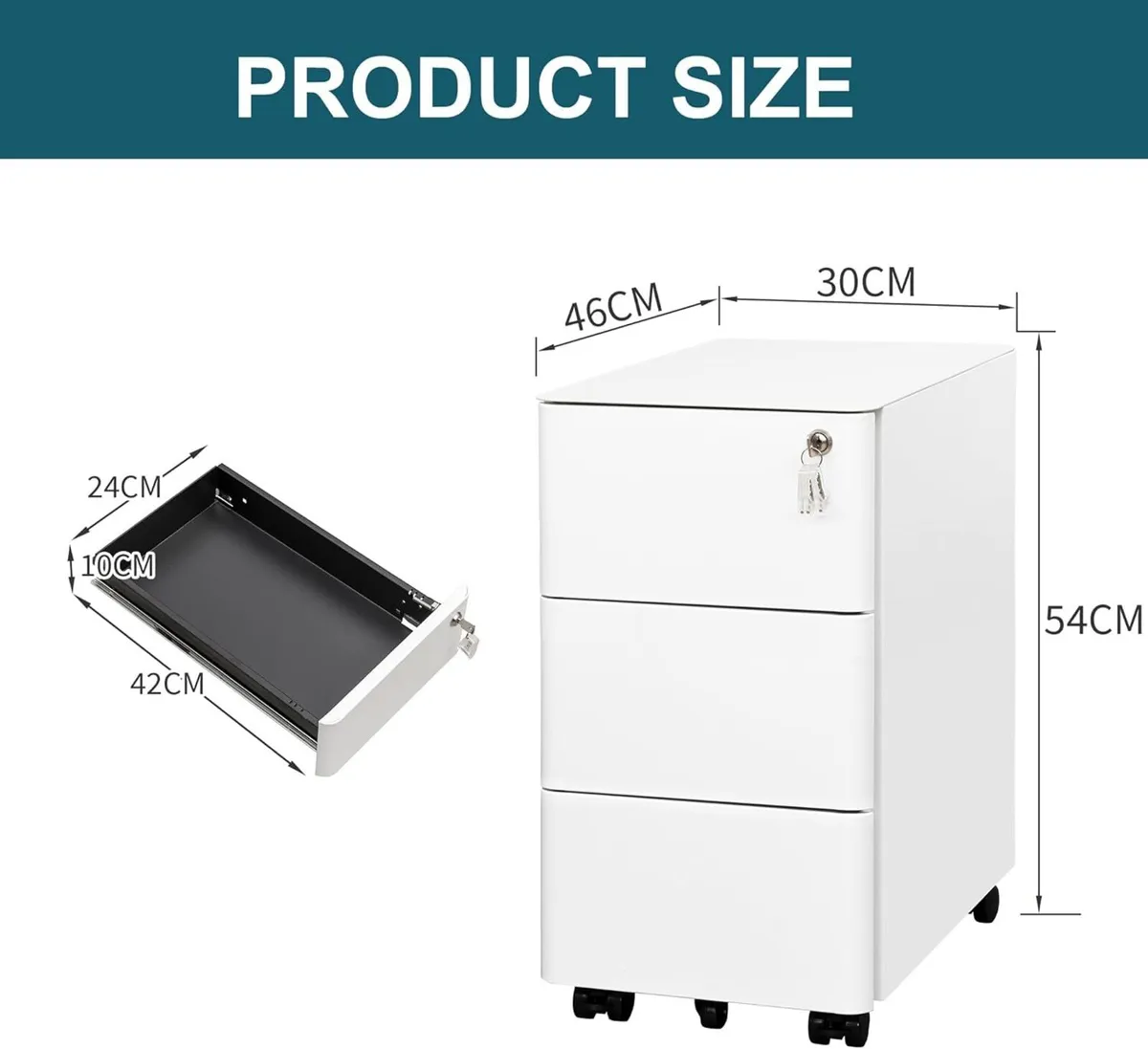 Lockable 3-Drawer Metal Filing Cabinet on Wheels - Image 3