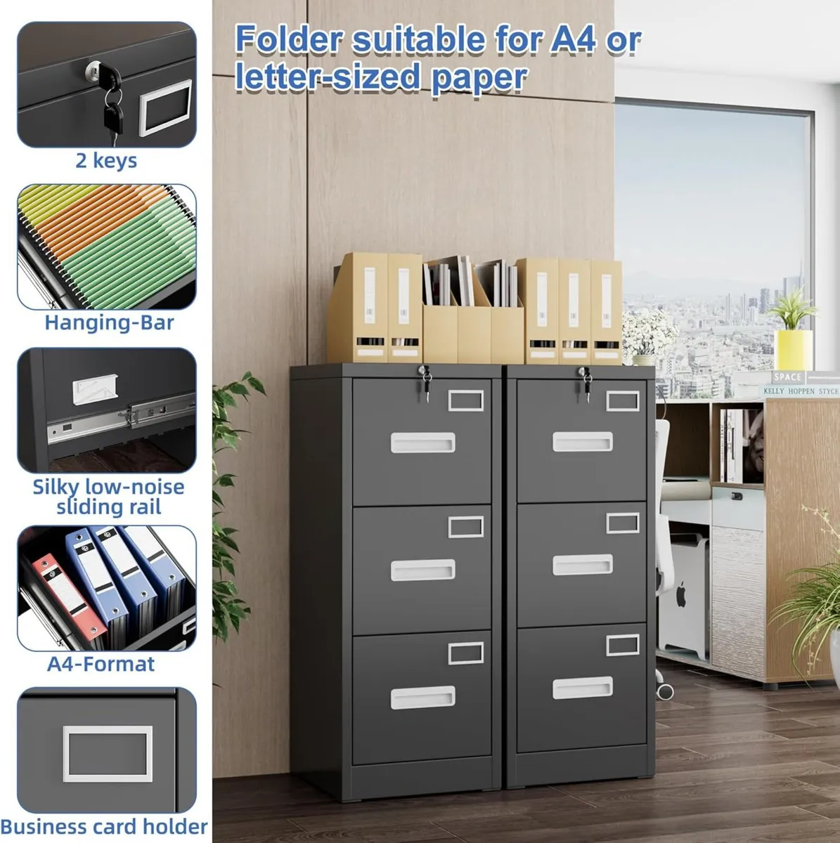 3 Drawers Filing Cabinets Metal Lockable Vertical - Image 3