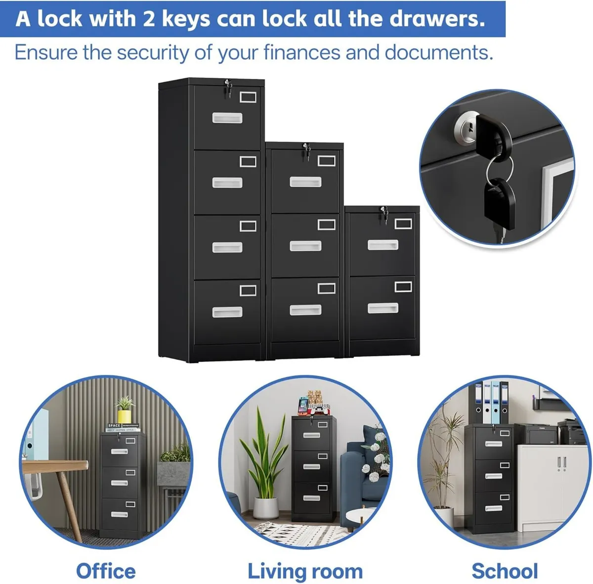 3 Drawers Filing Cabinets Metal Lockable Vertical - Image 4