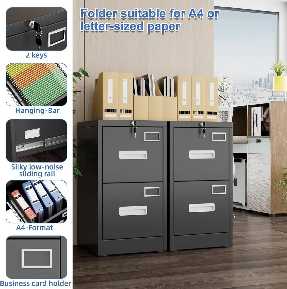 2 Drawers Filing Cabinets Metal Lockable Vertical - Image 4