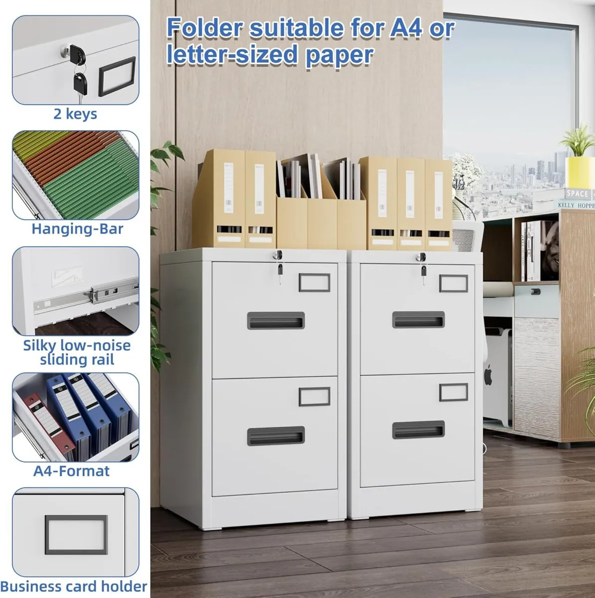 2 Drawers Filing Cabinets Metal Lockable Vertical - Image 3