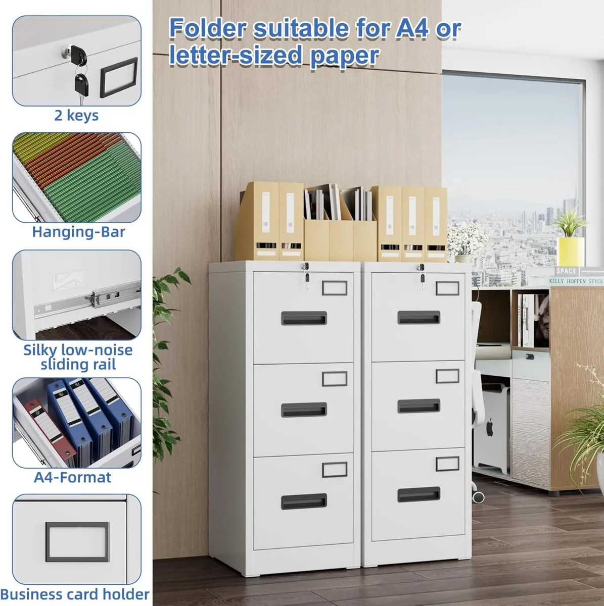 3 Drawers Filing Cabinets Metal Lockable Vertical - Image 3