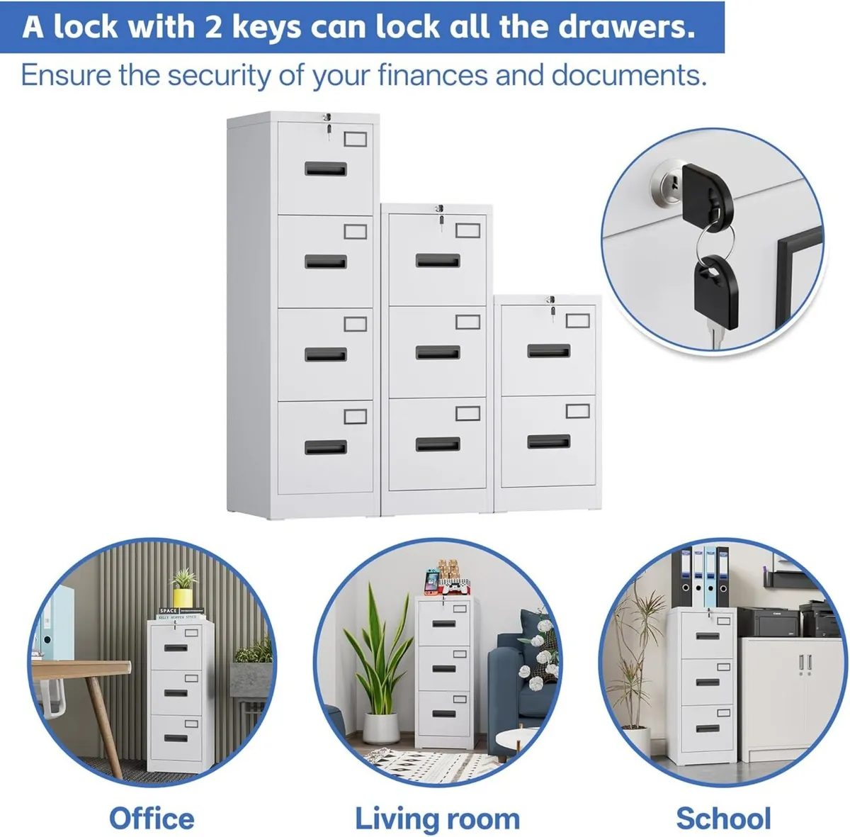 3 Drawers Filing Cabinets Metal Lockable Vertical - Image 4