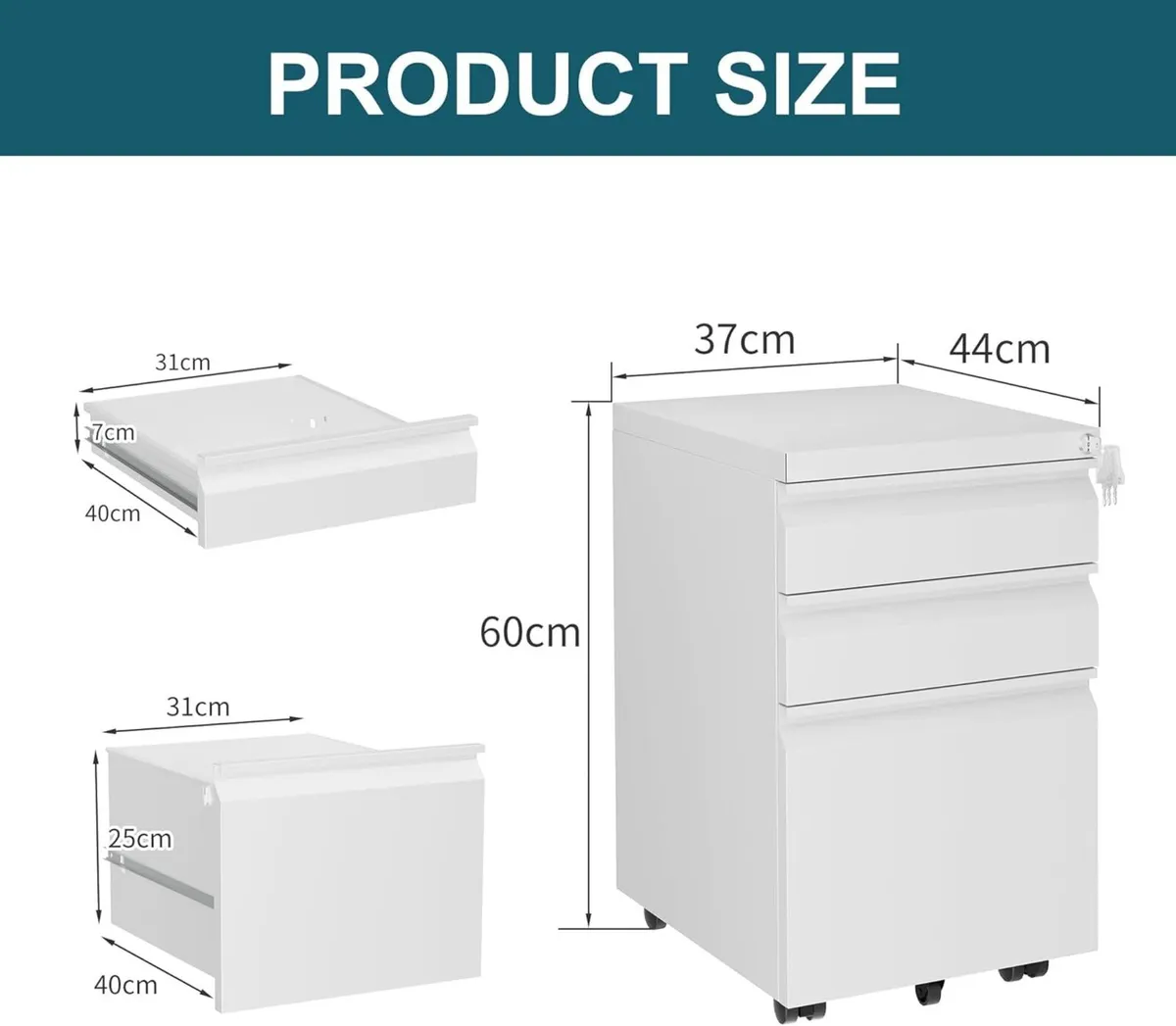 Mobile Filing Cabinet Lockable 3 Drawers with - Image 3