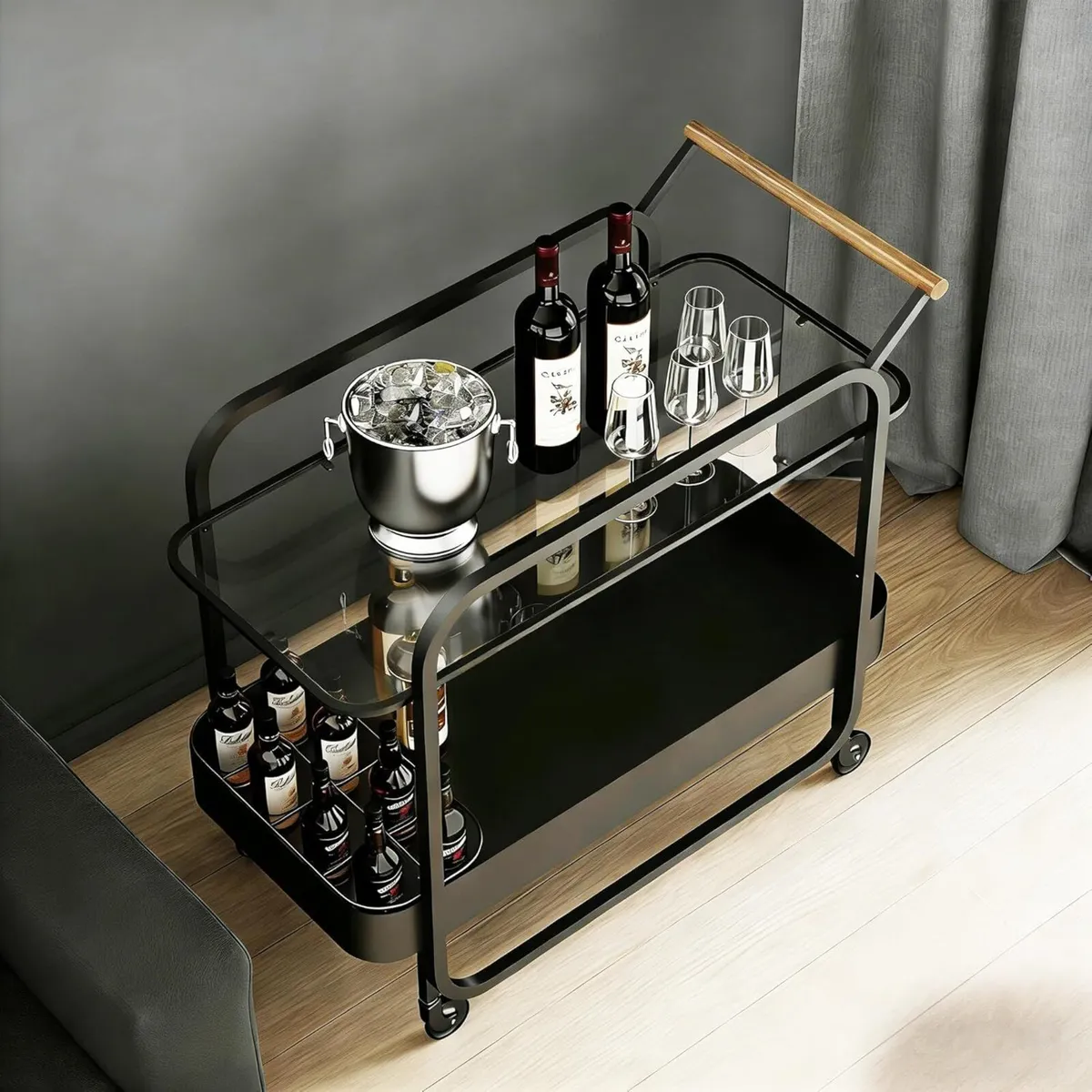Bar Serving Cart with Tempered Glass Shelf 2-Tier - Image 1