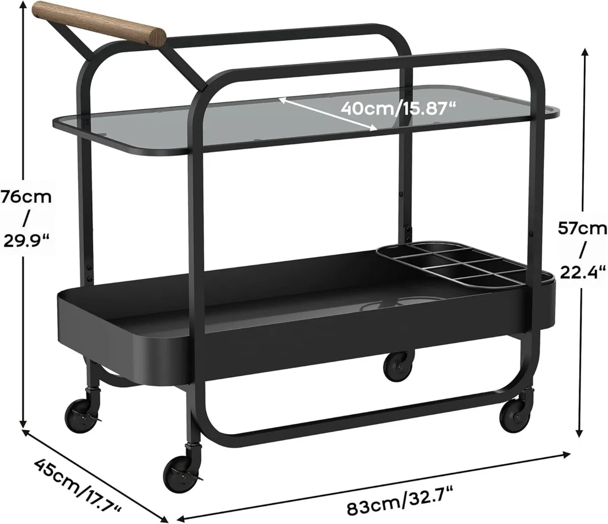 Bar Serving Cart with Tempered Glass Shelf 2-Tier - Image 2