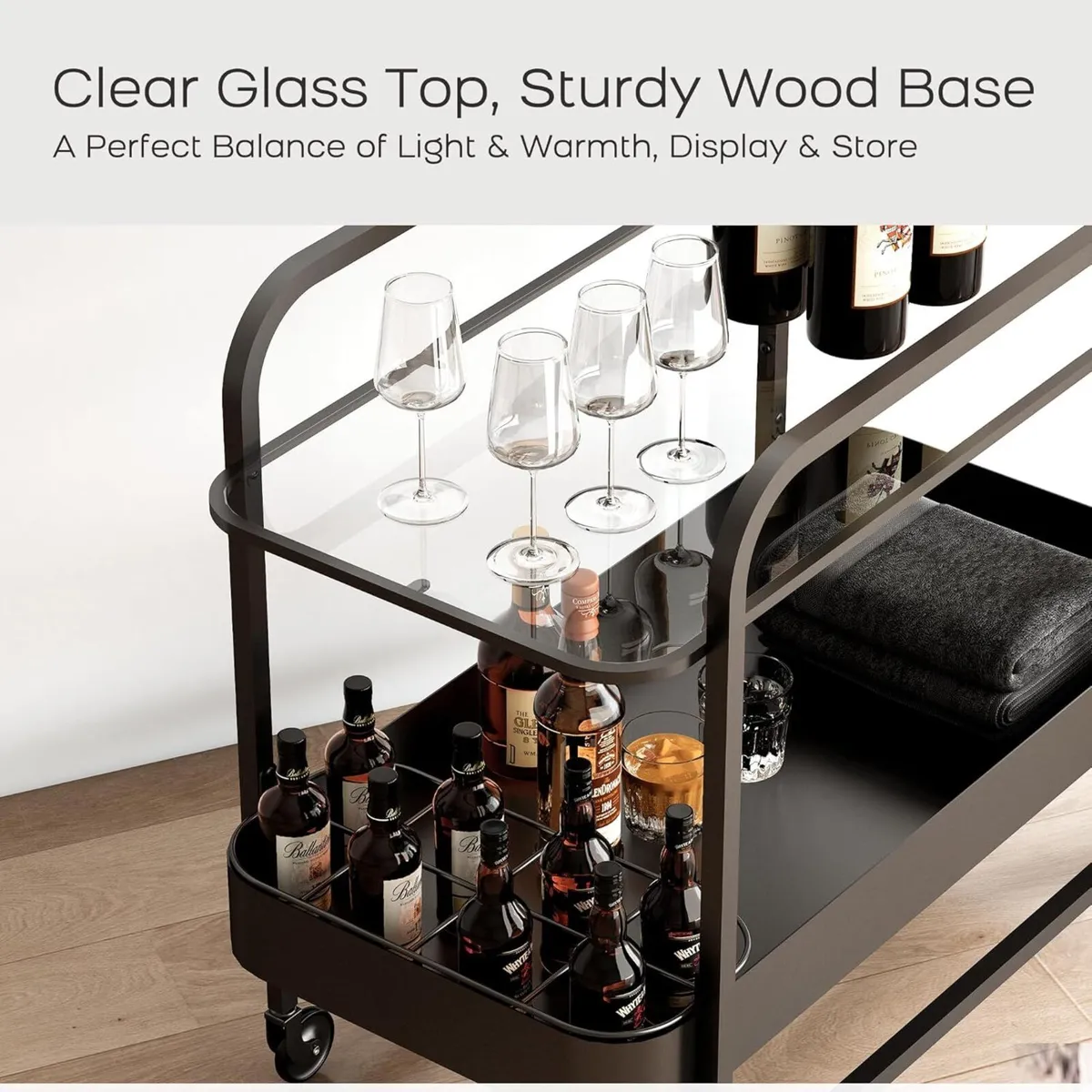 Bar Serving Cart with Tempered Glass Shelf 2-Tier - Image 3