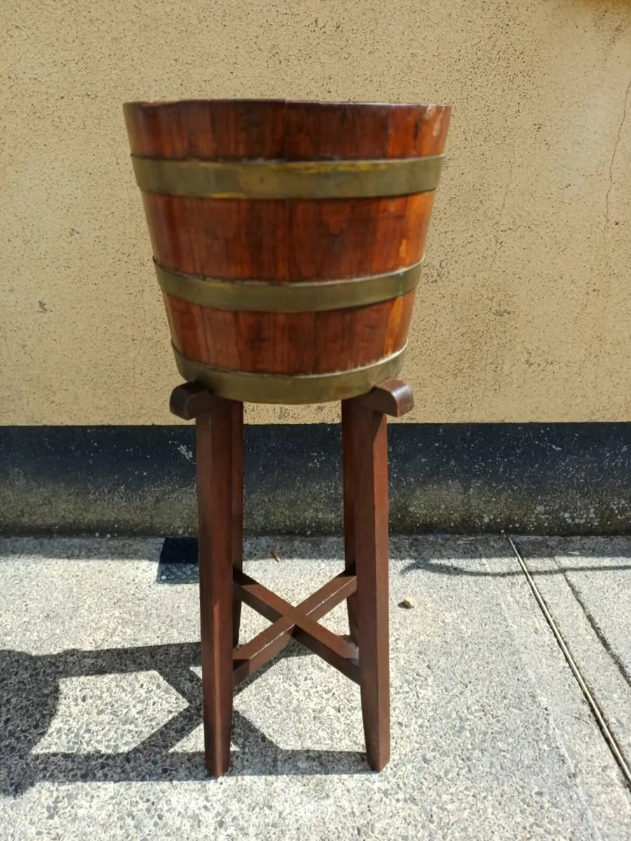 Vintage Oak Plant Pot & Stand - Image 1