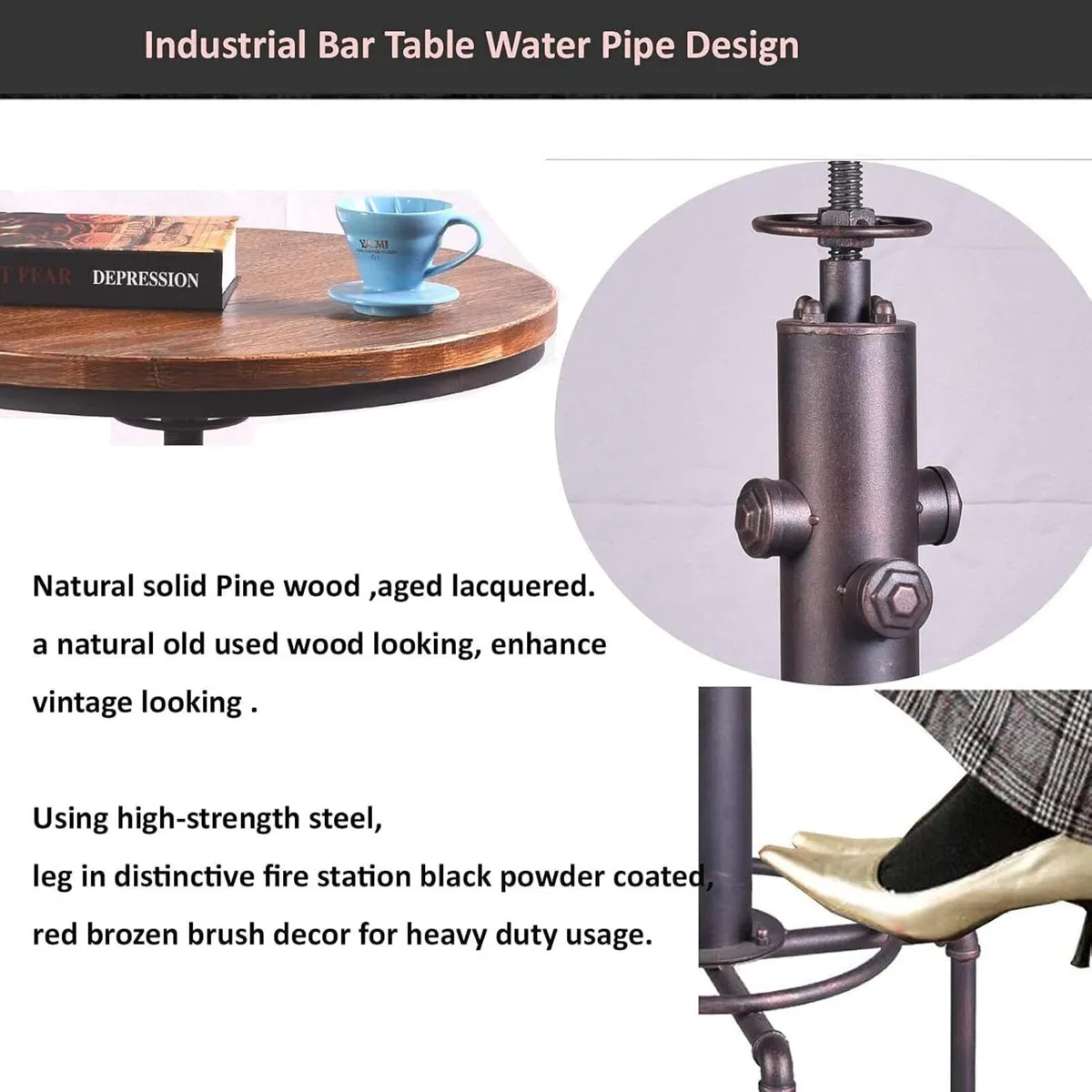Industrial Bar Table 31.5-41.3 Adjustable Pub - Image 4