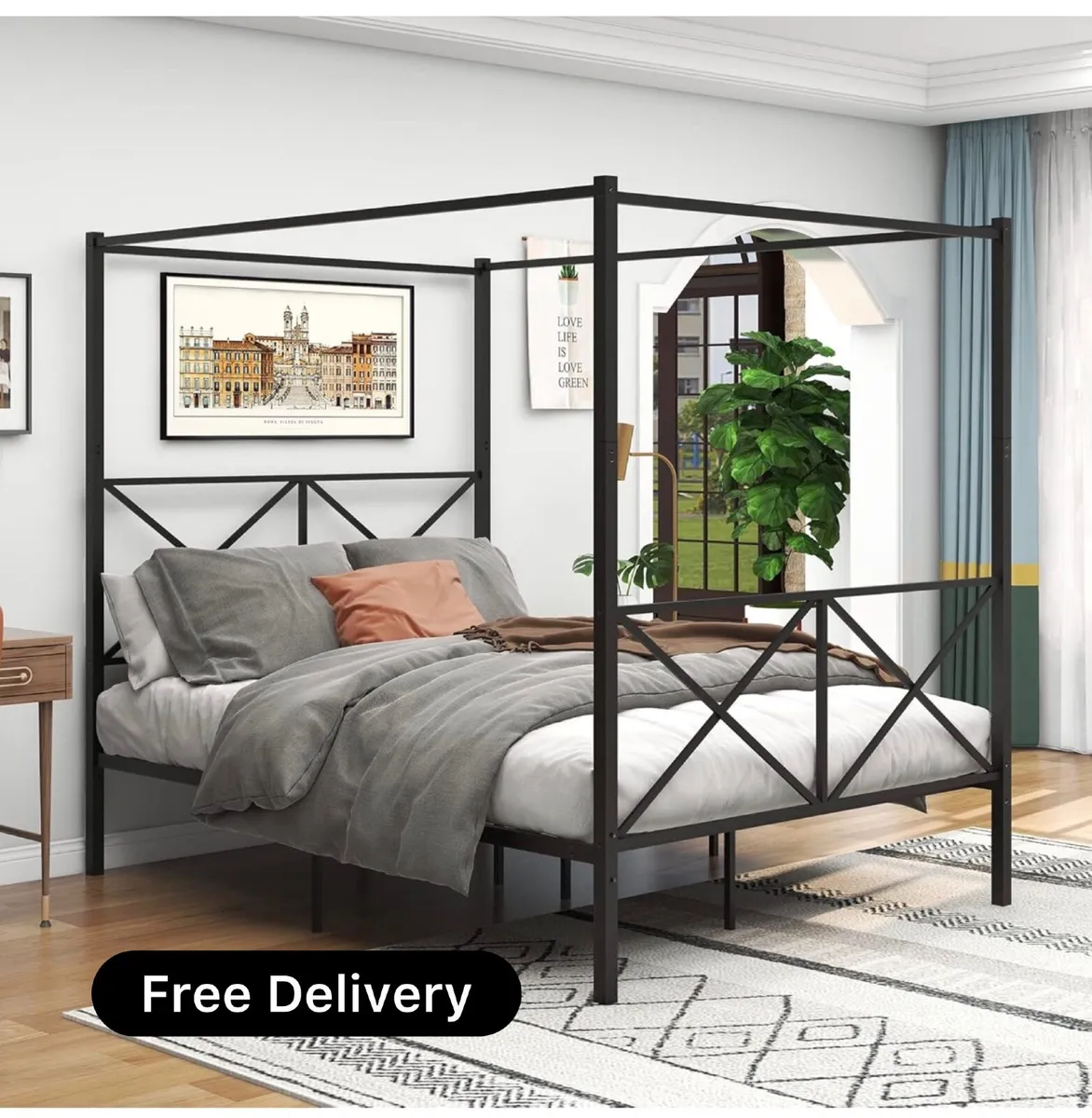 Canopy Bed Frame King Size with Metal Headboard an - Image 1