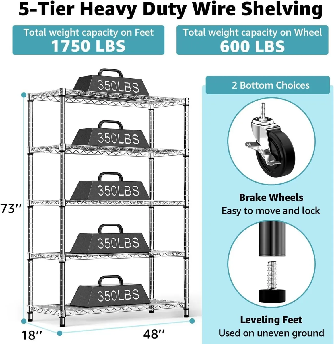 Steel Storage Shelving 5-Tier Utility Unit with - Image 3