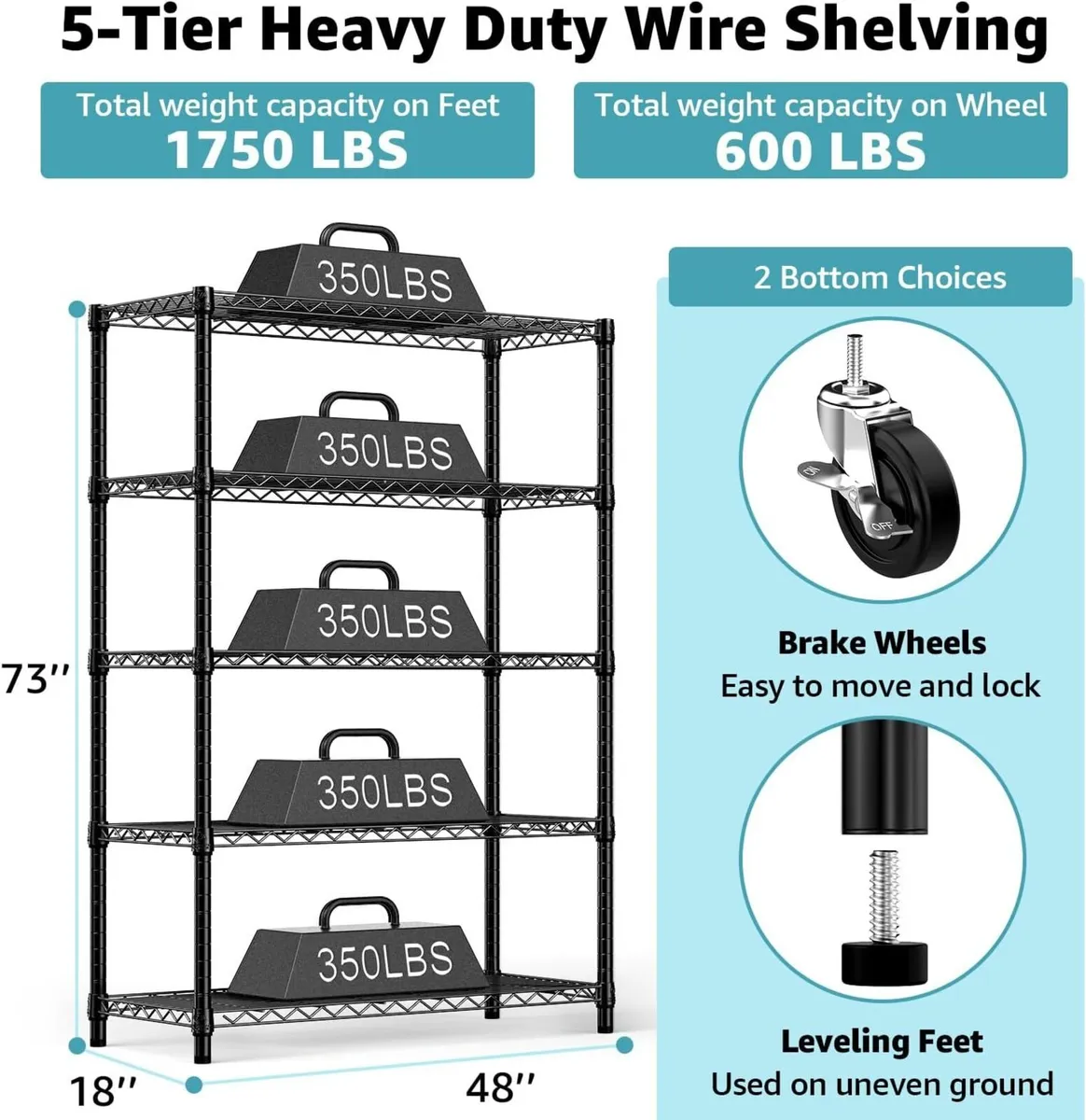 Steel Storage Shelving 5-Tier Utility Unit with - Image 3