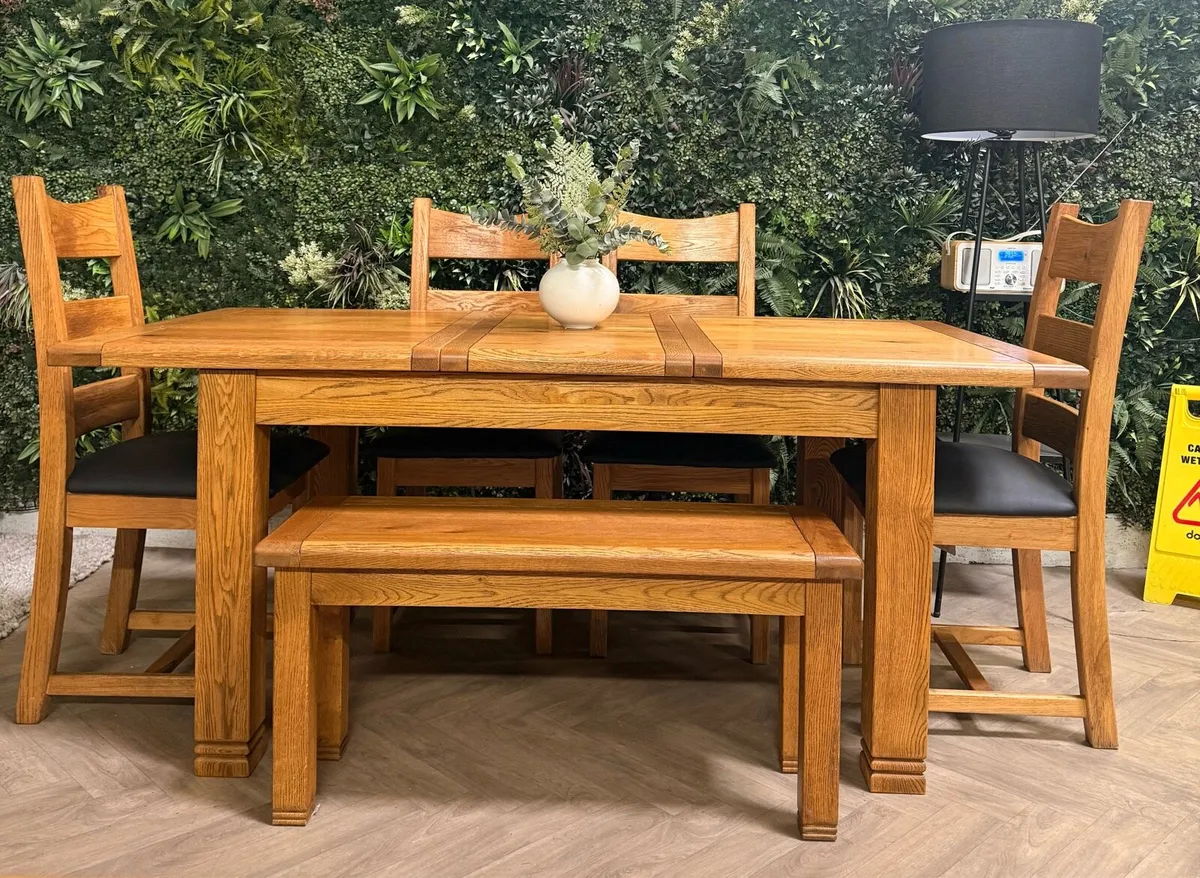 Extending oak kitchen table, 4 chairs & bench - Image 2