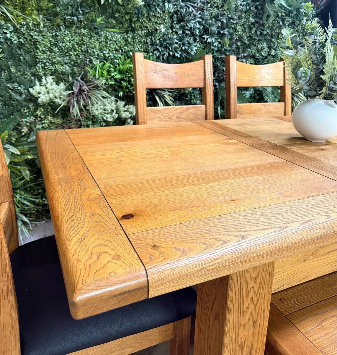 Extending oak kitchen table, 4 chairs & bench - Image 4