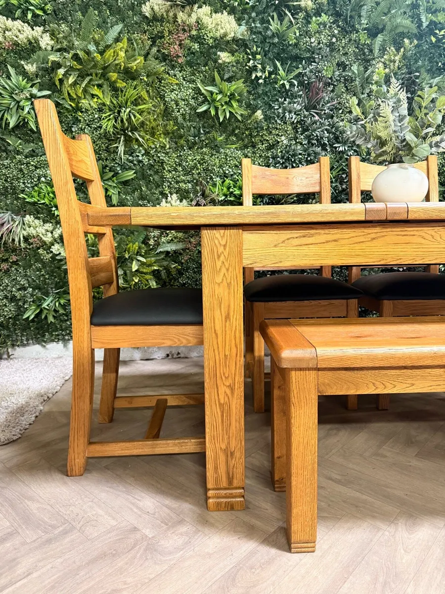 Extending oak kitchen table, 4 chairs & bench - Image 3