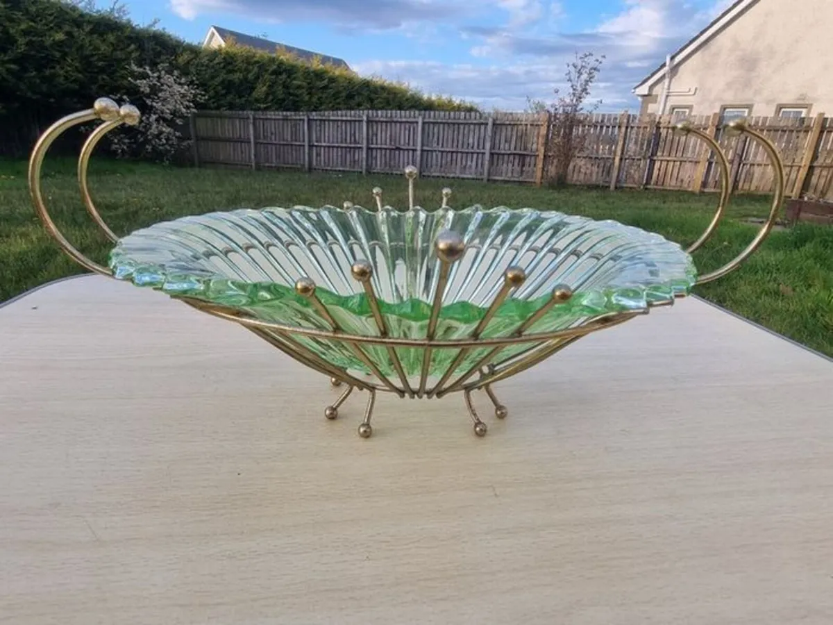 Vintage green uranium glass platter set in a brass - Image 1