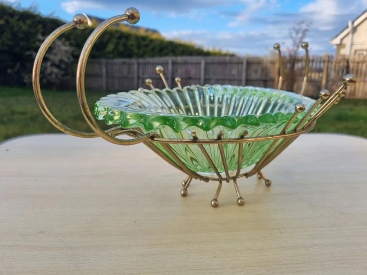 Vintage green uranium glass platter set in a brass - Image 2