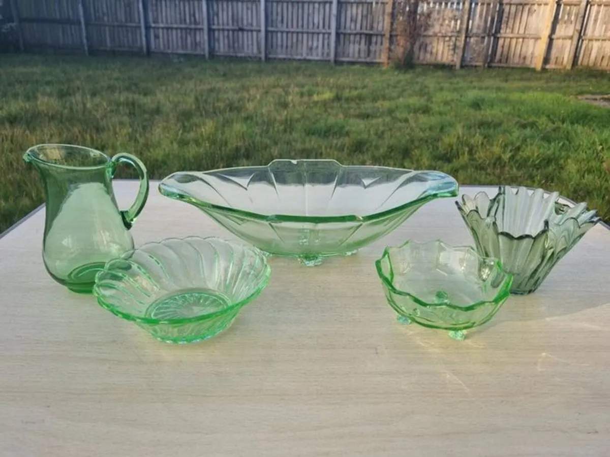 Art Deco Pressed Green Glass Set - Image 1