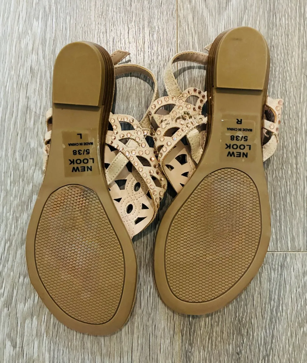 NEW Beige fabric T-strap rhinestone flat sandals: - Image 1