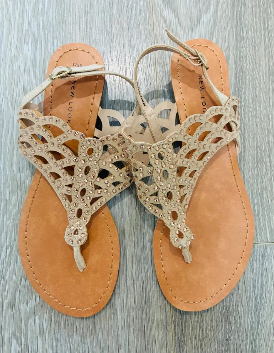 NEW Beige fabric T-strap rhinestone flat sandals: - Image 2