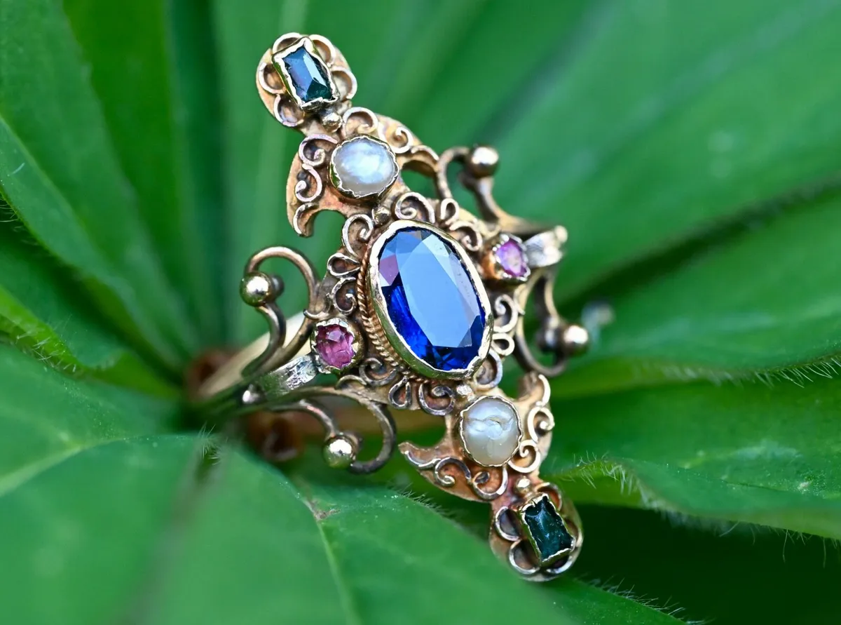 Antique Sapphire, Ruby, Emerald & Pearl Ring 1860 - Image 1