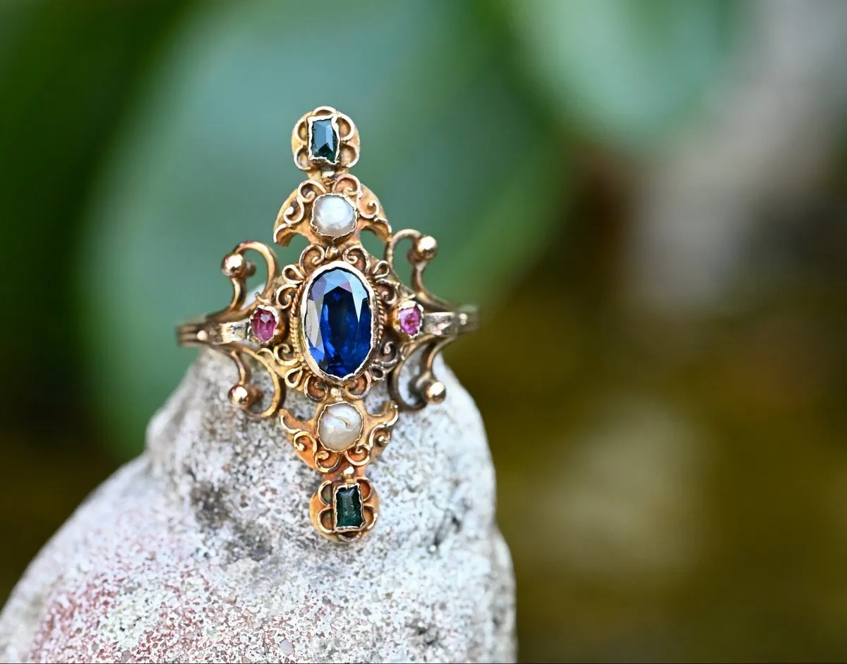 Antique Sapphire, Ruby, Emerald & Pearl Ring 1860 - Image 2