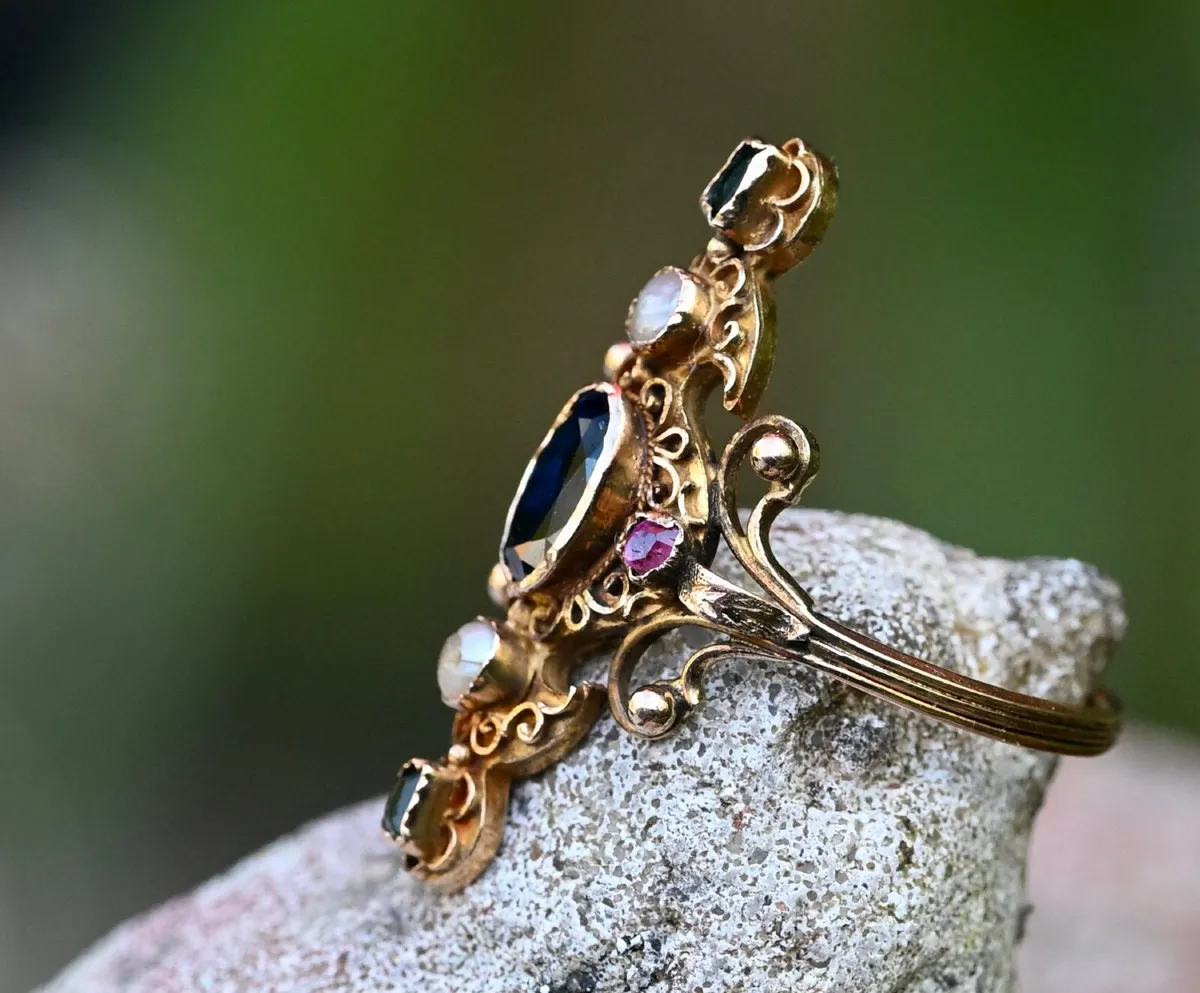 Antique Sapphire, Ruby, Emerald & Pearl Ring 1860 - Image 3