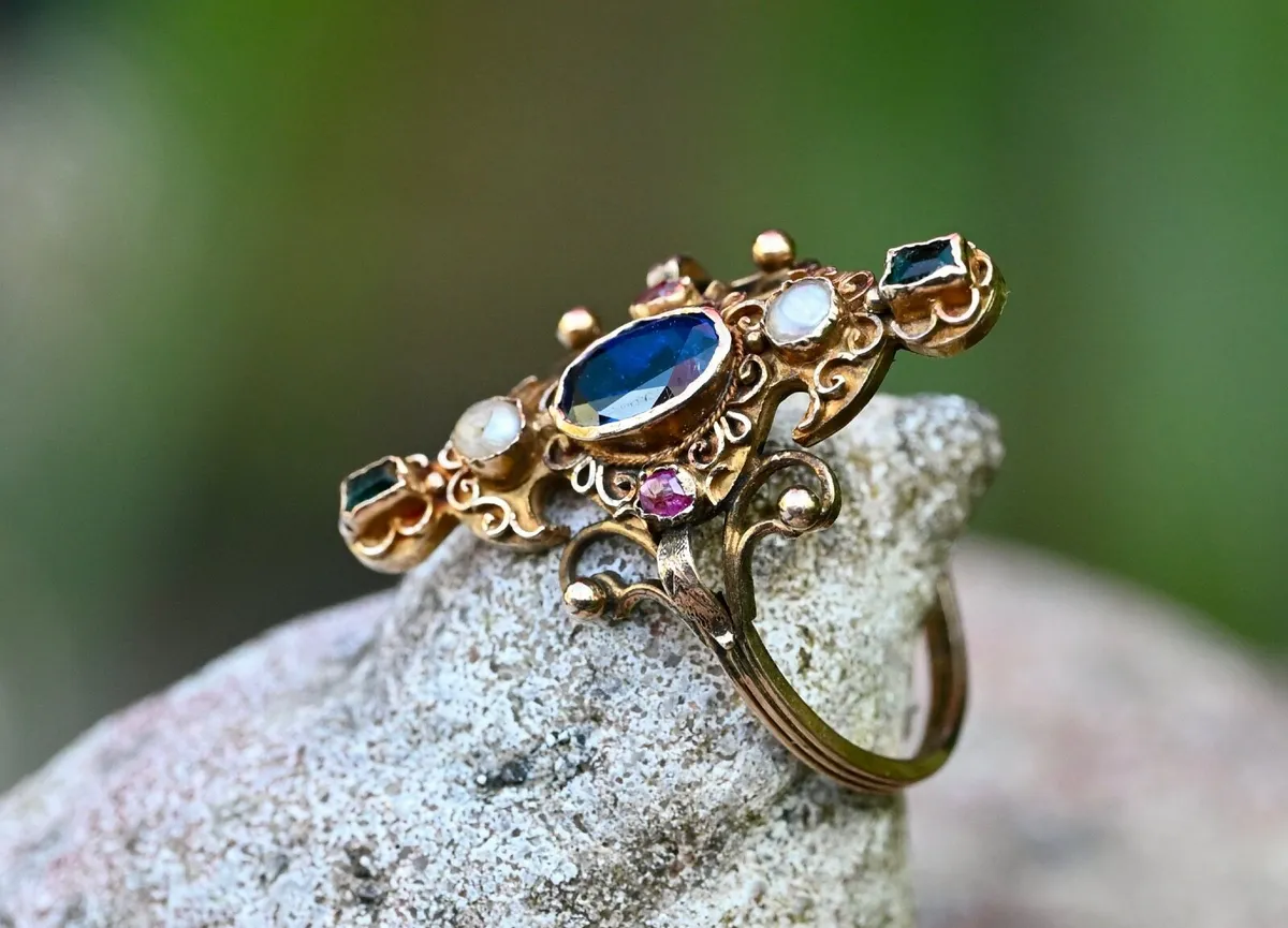 Antique Sapphire, Ruby, Emerald & Pearl Ring 1860 - Image 4