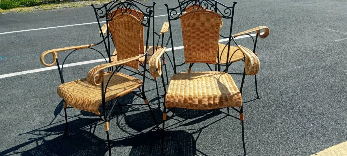 Set Of Four Wicker And Wrought Iron Chairs - Image 1