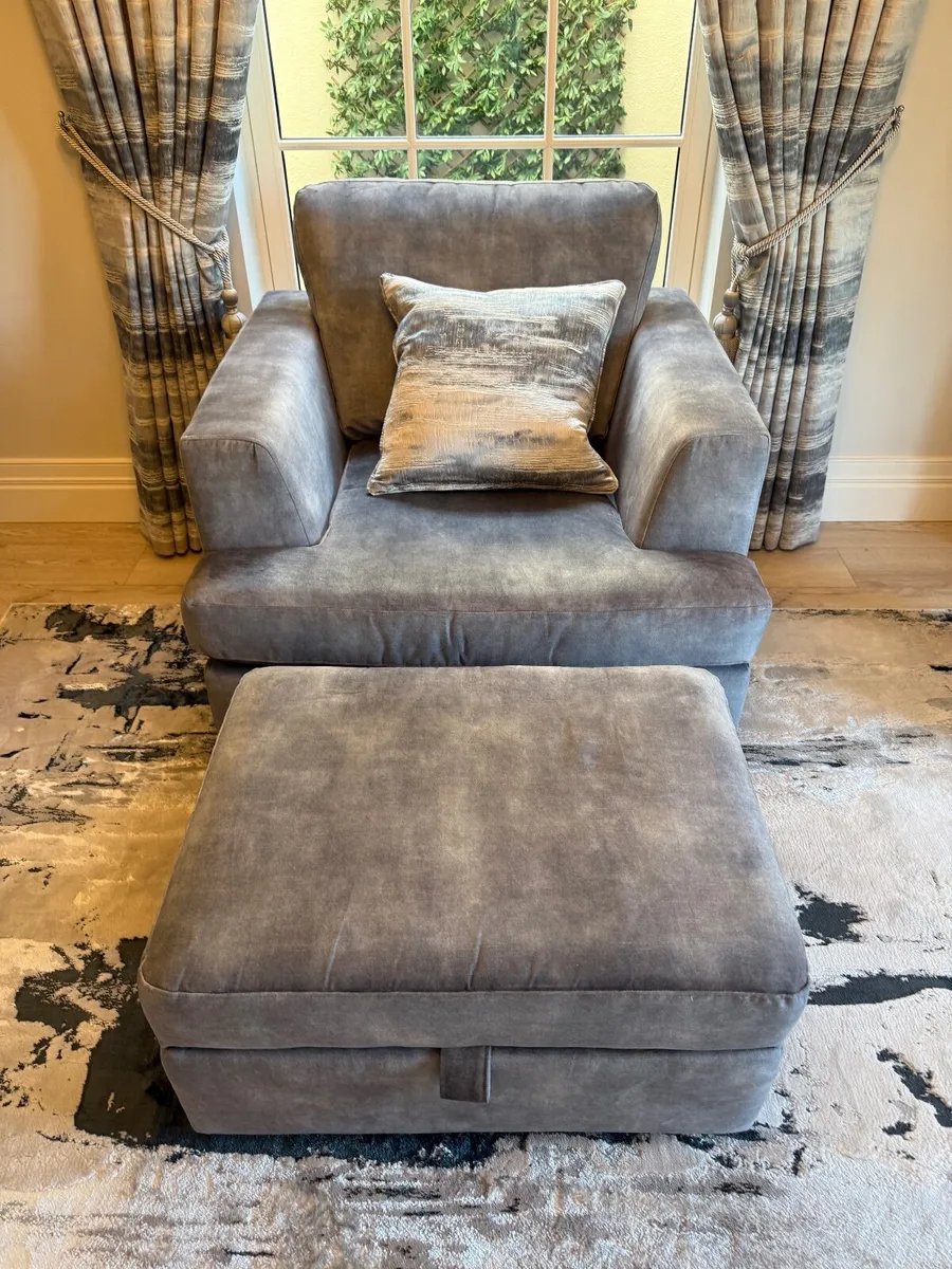 Grey fabric armchair with matching footstool - Image 2