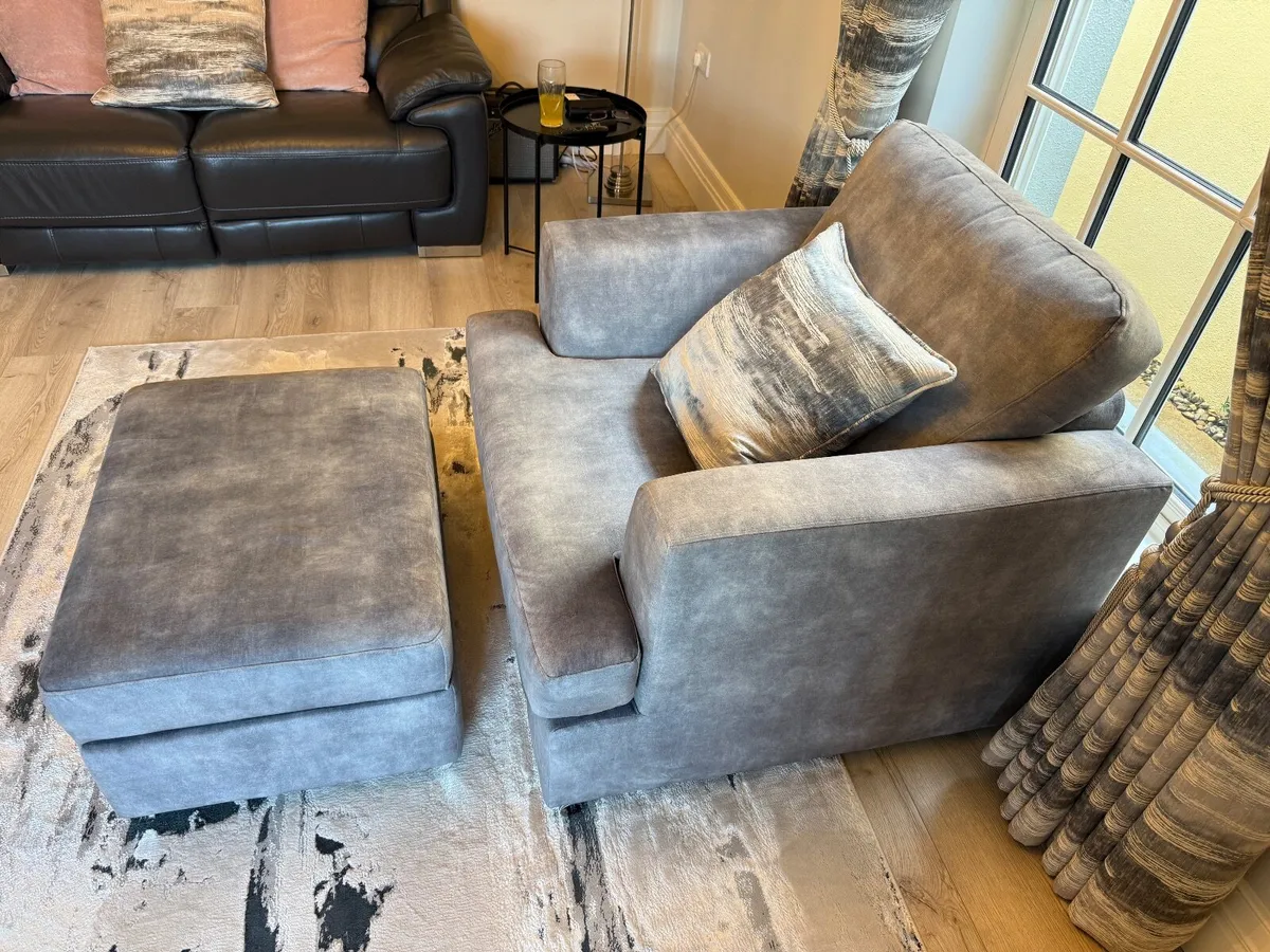 Grey fabric armchair with matching footstool - Image 4