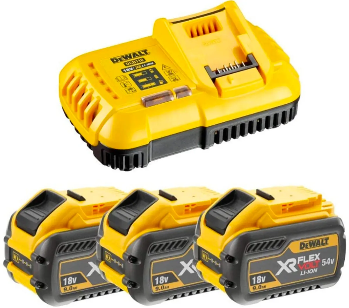DeWalt 54v FlexVolt 3 x 9Ah and 8A Fast Charger