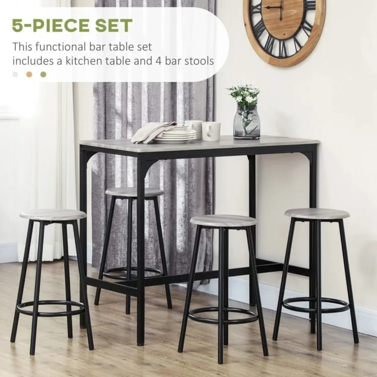 Five-Piece Industrial-Style Bar Table Set - Grey/B - Image 2
