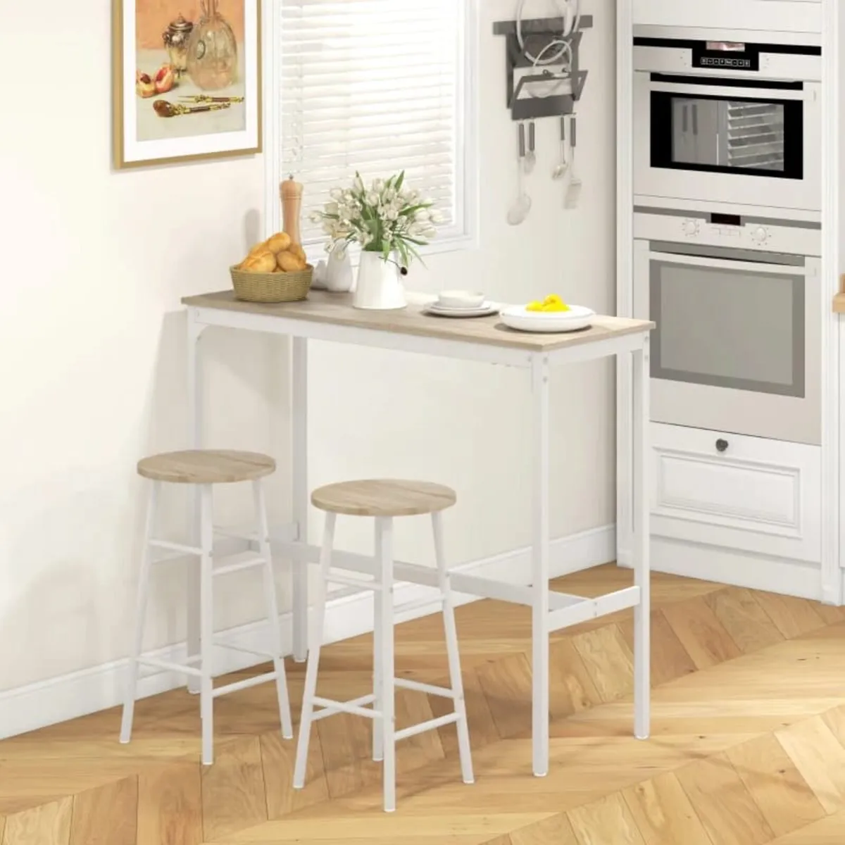 High bar table set + 2 stools, steel frame, natura - Image 2