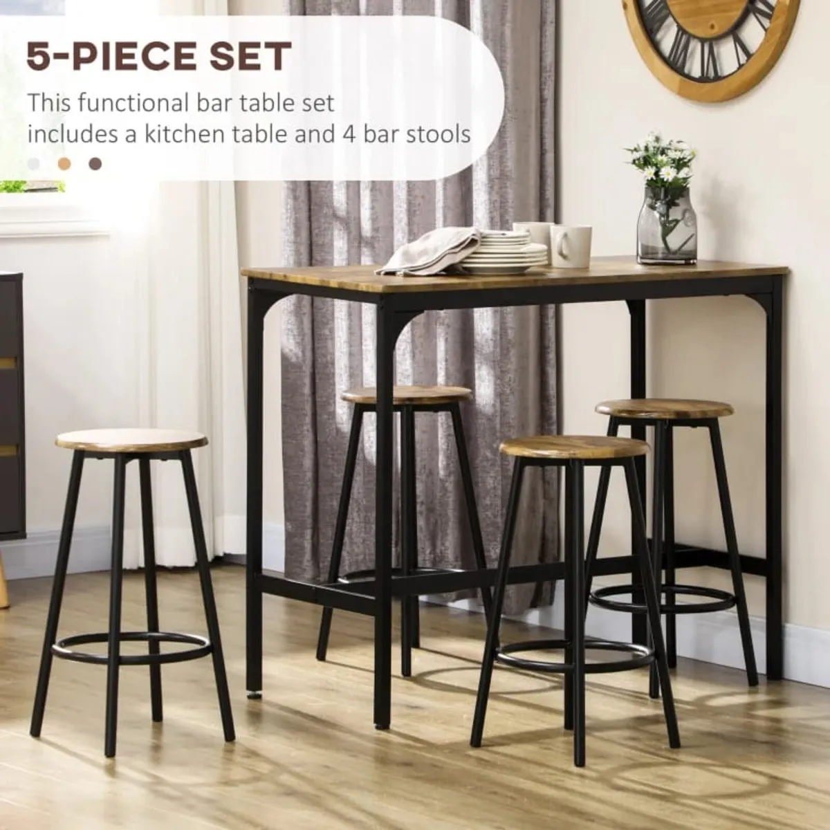 Five-Piece Industrial-Style Bar Table Set - Brown/ - Image 3