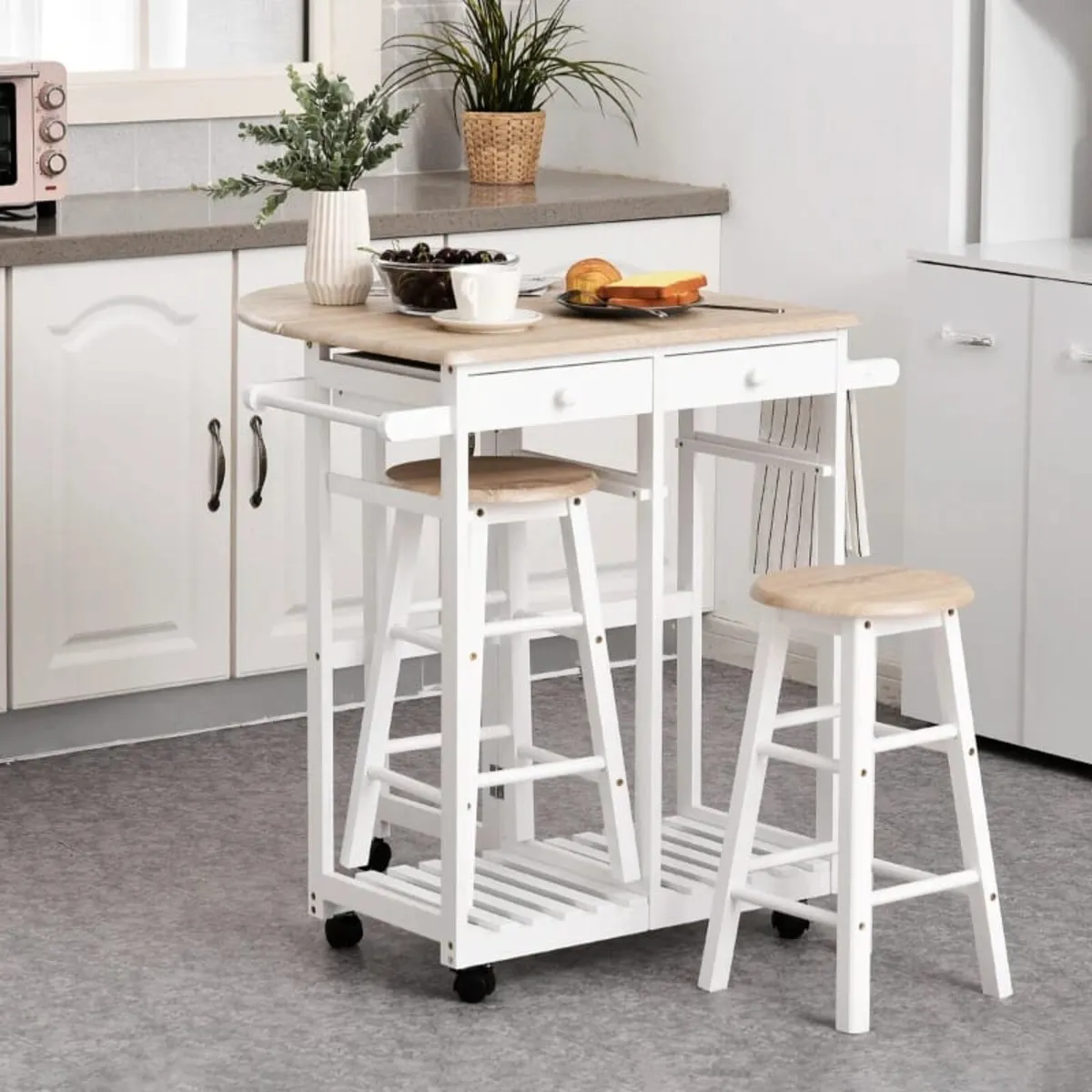 Foldable Kitchen Trolley Island Set with Casters 2 - Image 2