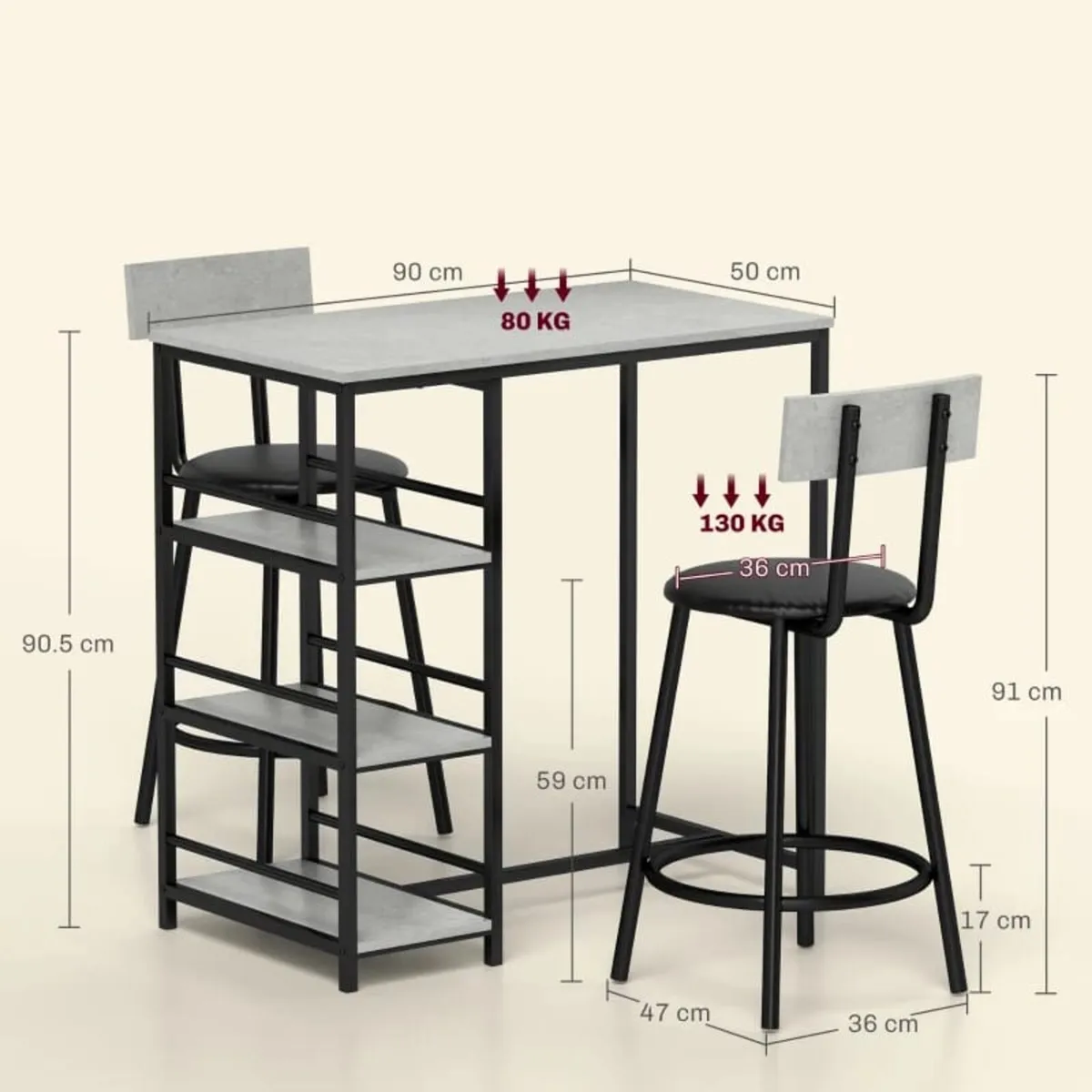 Bar table set with 2 stools and storage shelves fo - Image 3