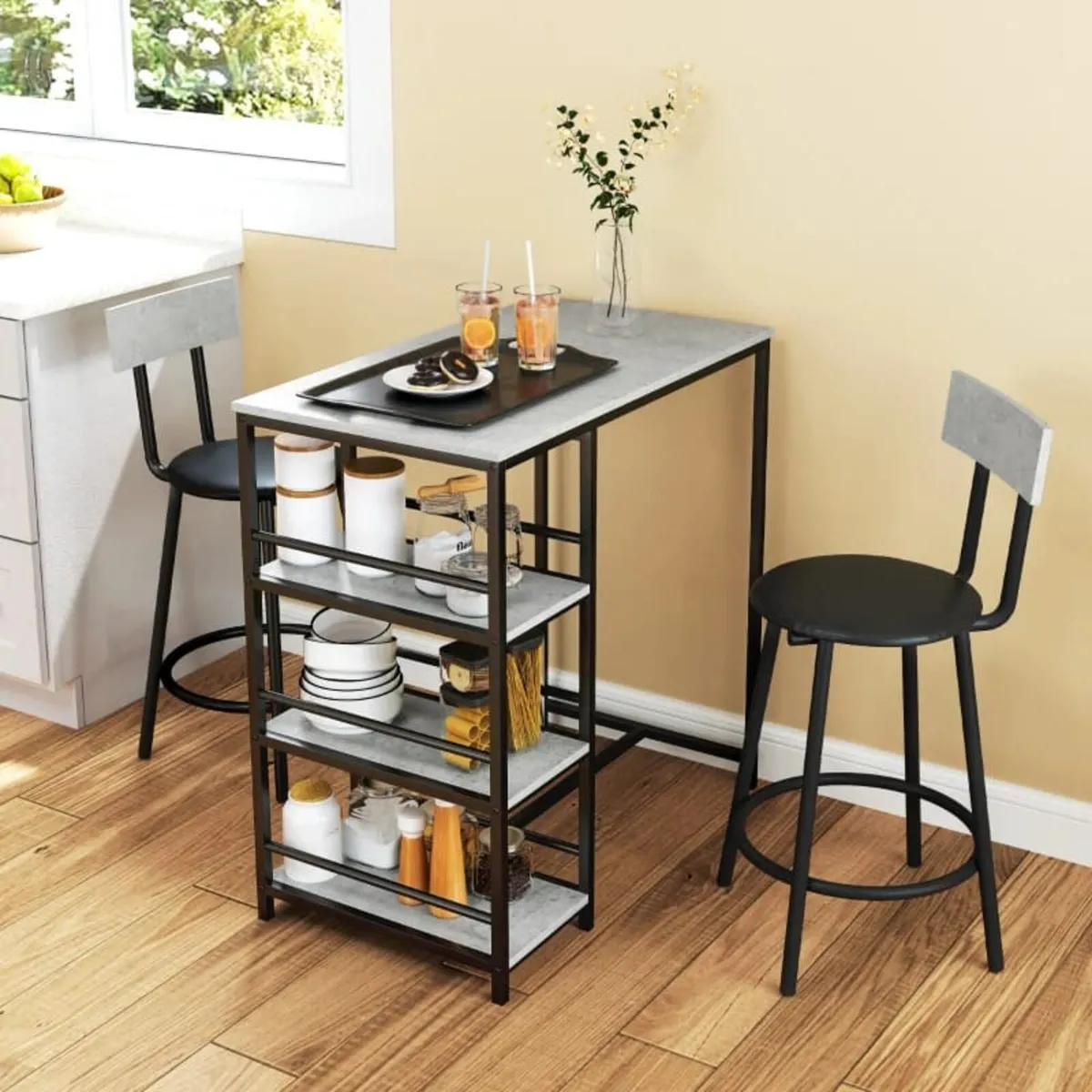 Bar table set with 2 stools and storage shelves fo - Image 4