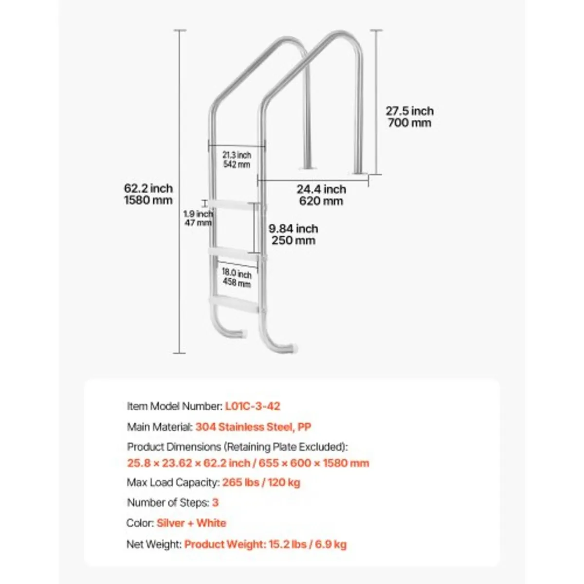 Swimming Pool Ladder, 3-Step Stairs with Double Ha - Image 3