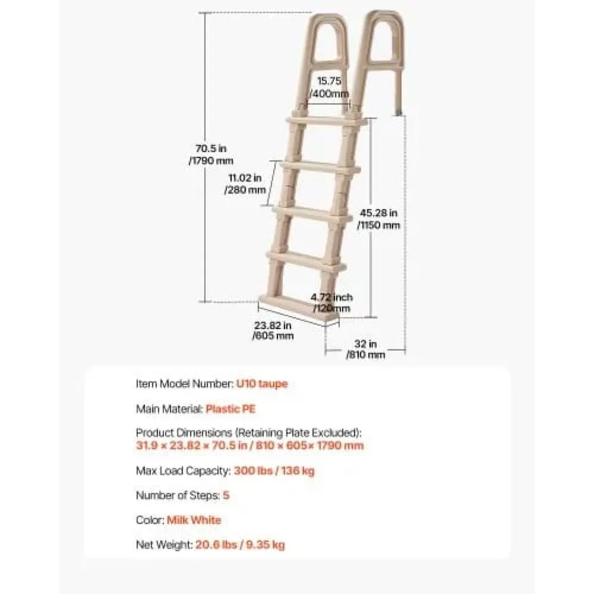 Swimming Pool Ladder, Inclined 5-Step Double Handr - Image 3