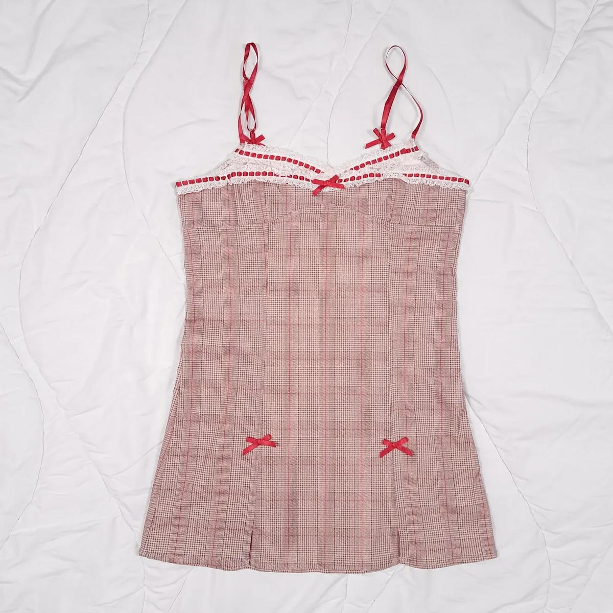 Urban Outfitters Beige Plaid Lace Mini Dress M - Image 1