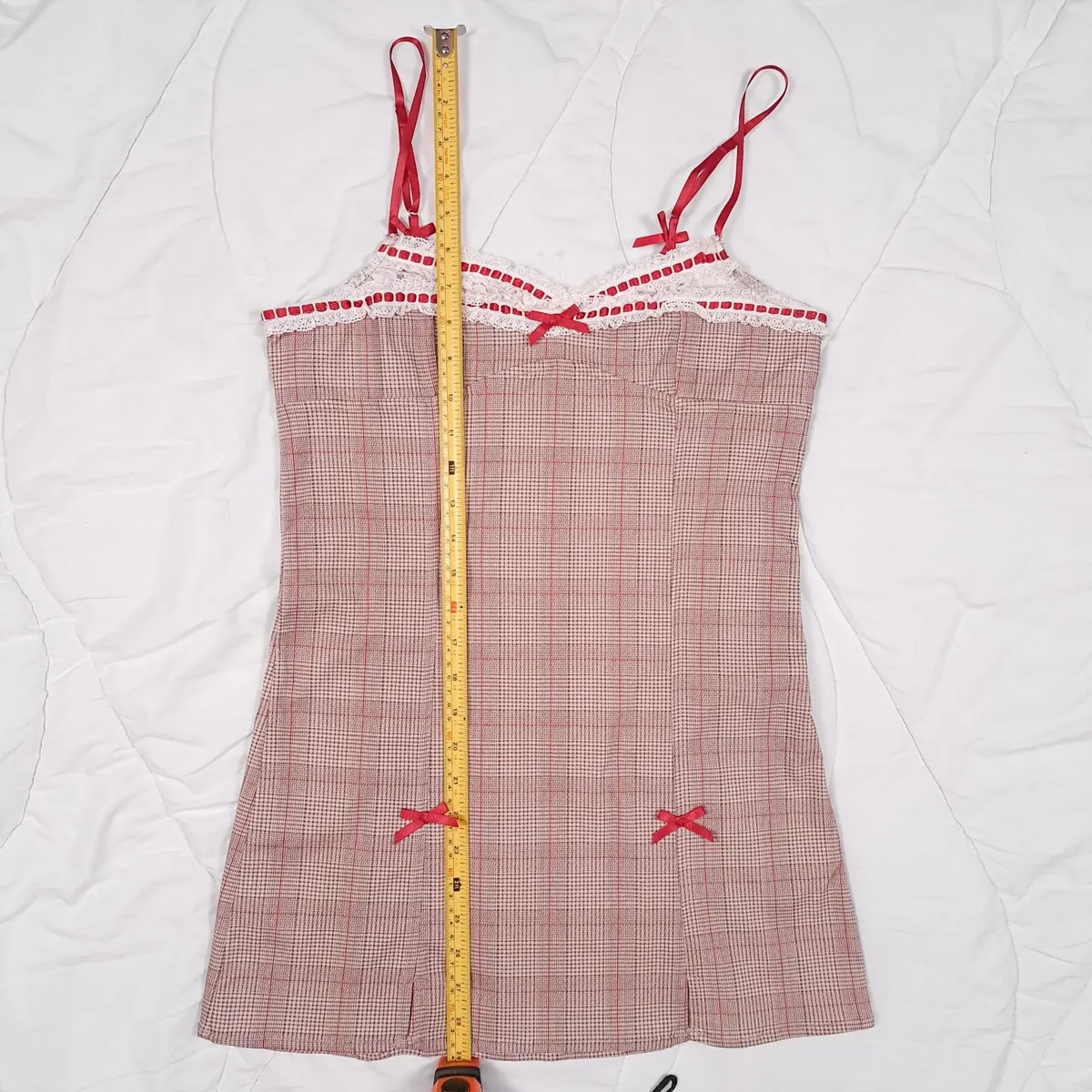 Urban Outfitters Beige Plaid Lace Mini Dress M - Image 4