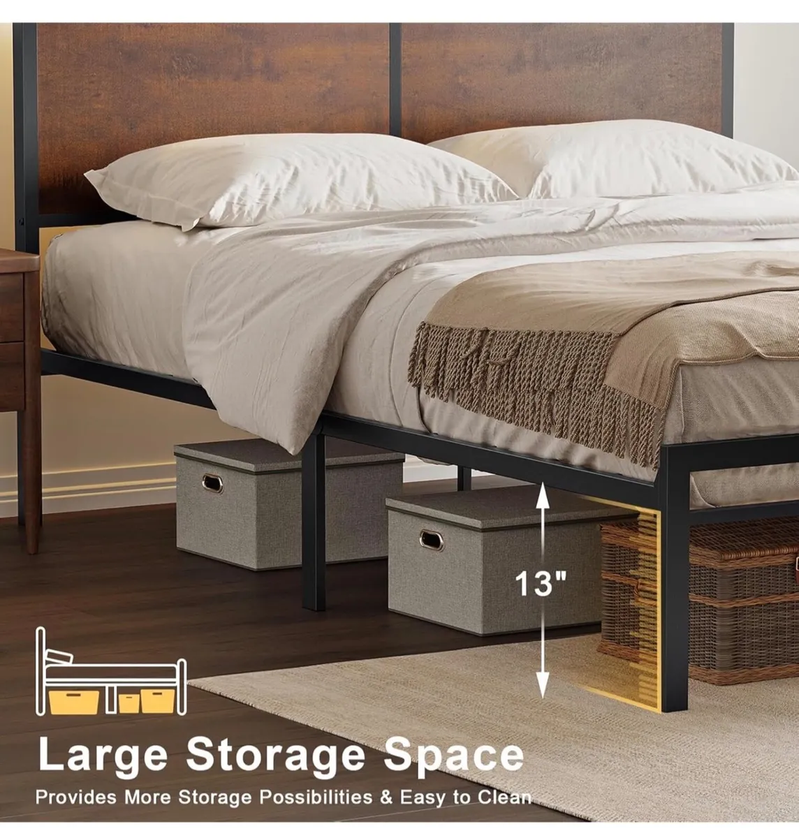 LED Lights, Metal Double Bed Frame with Charging - Image 3