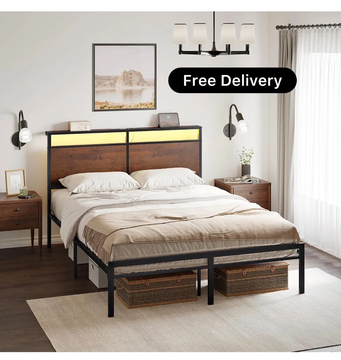 LED Lights, Metal Double Bed Frame with Charging - Image 1