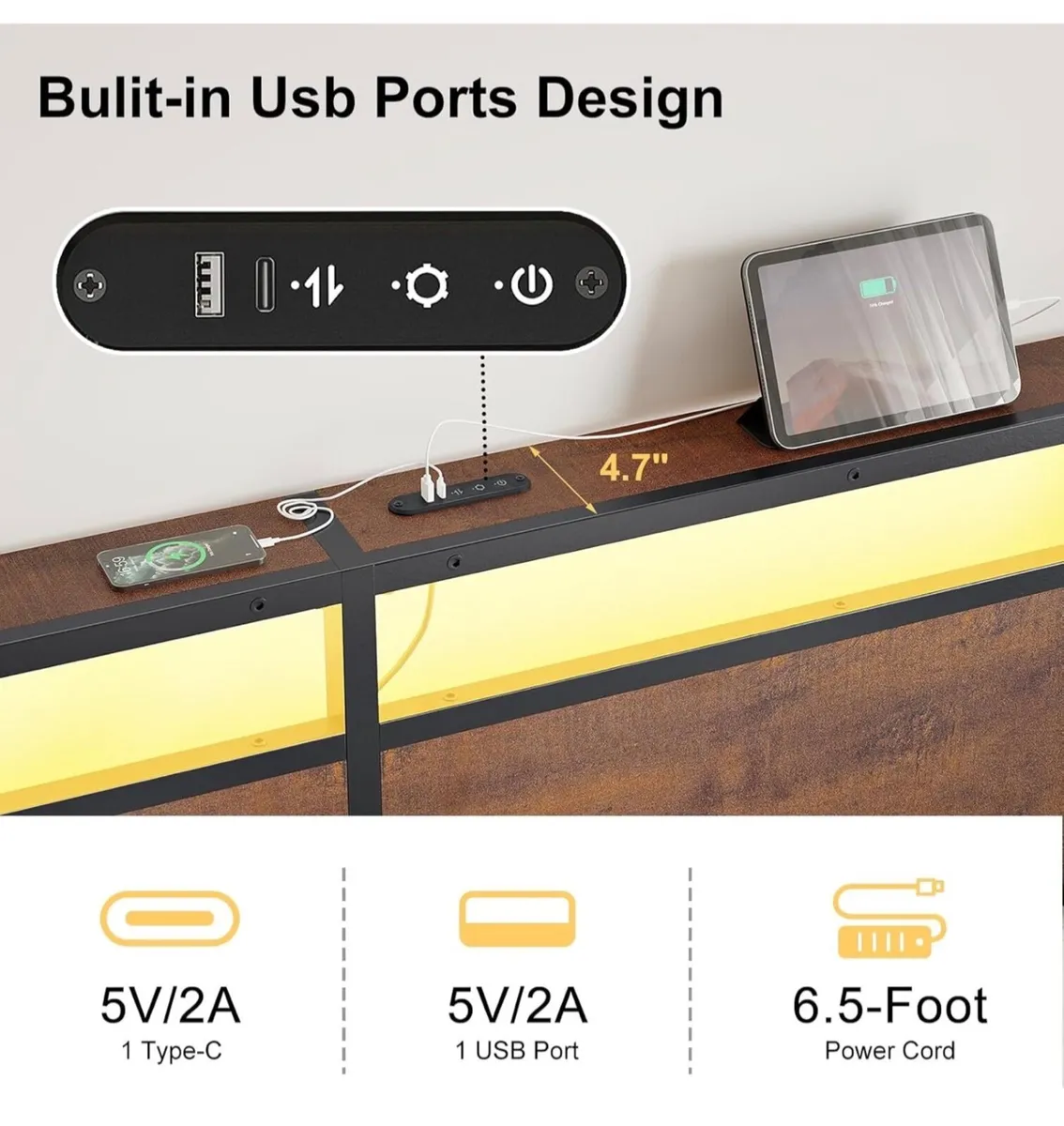 LED Lights, Metal Double Bed Frame with Charging - Image 2