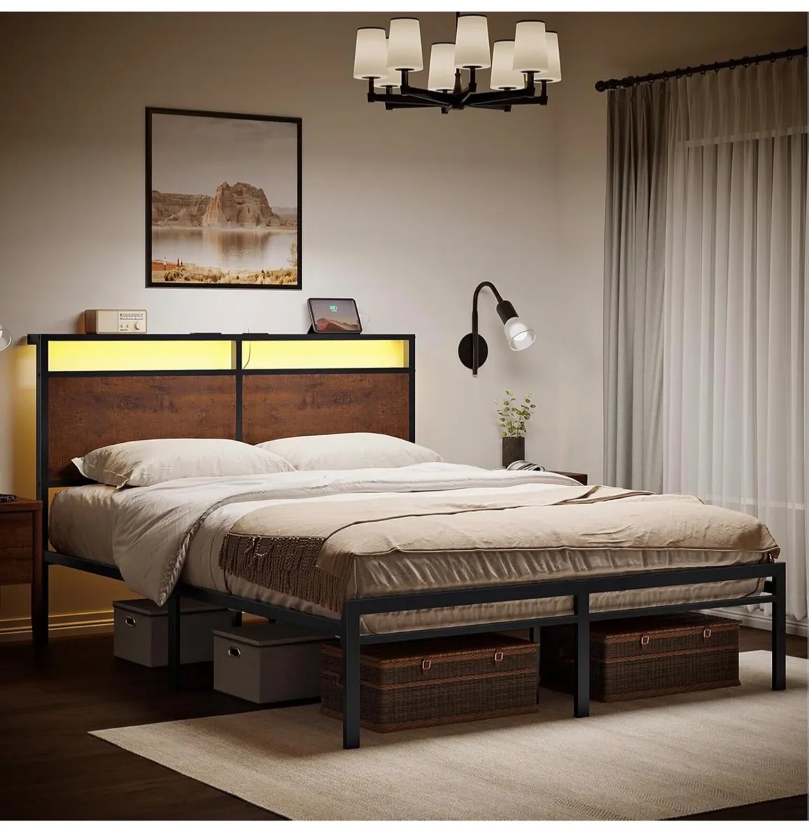 LED Lights, Metal Double Bed Frame with Charging - Image 3