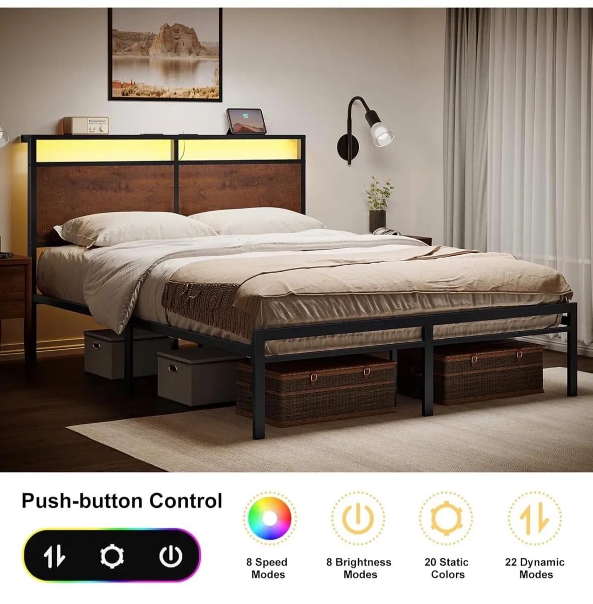LED Lights, Metal Double Bed Frame with Charging - Image 1