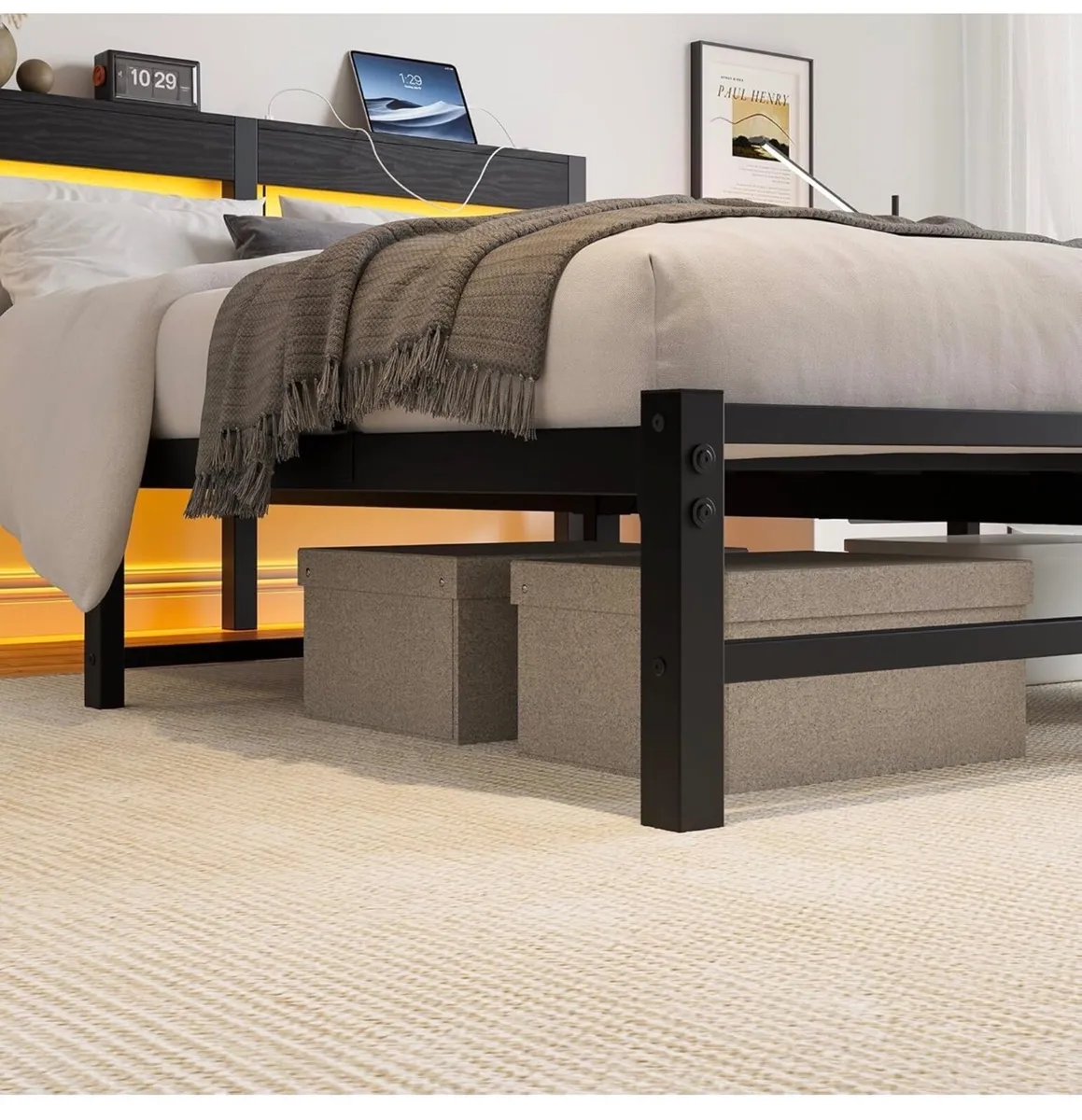 5ft King Bed Frame with Charging Station and LED L - Image 3