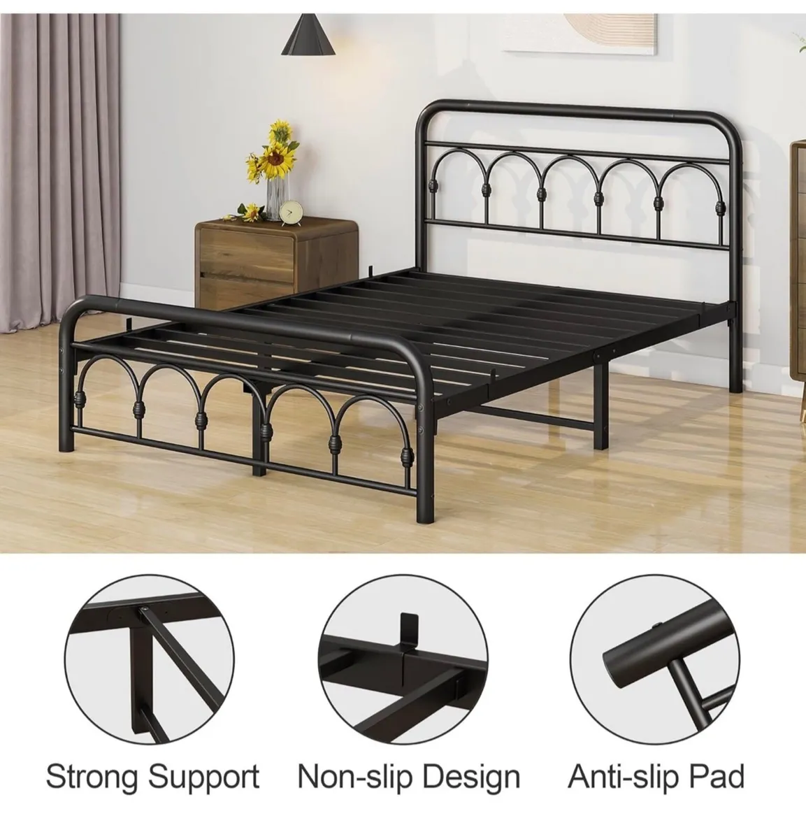4ft6 Double Bed Frame with High Headboard and Foot - Image 4
