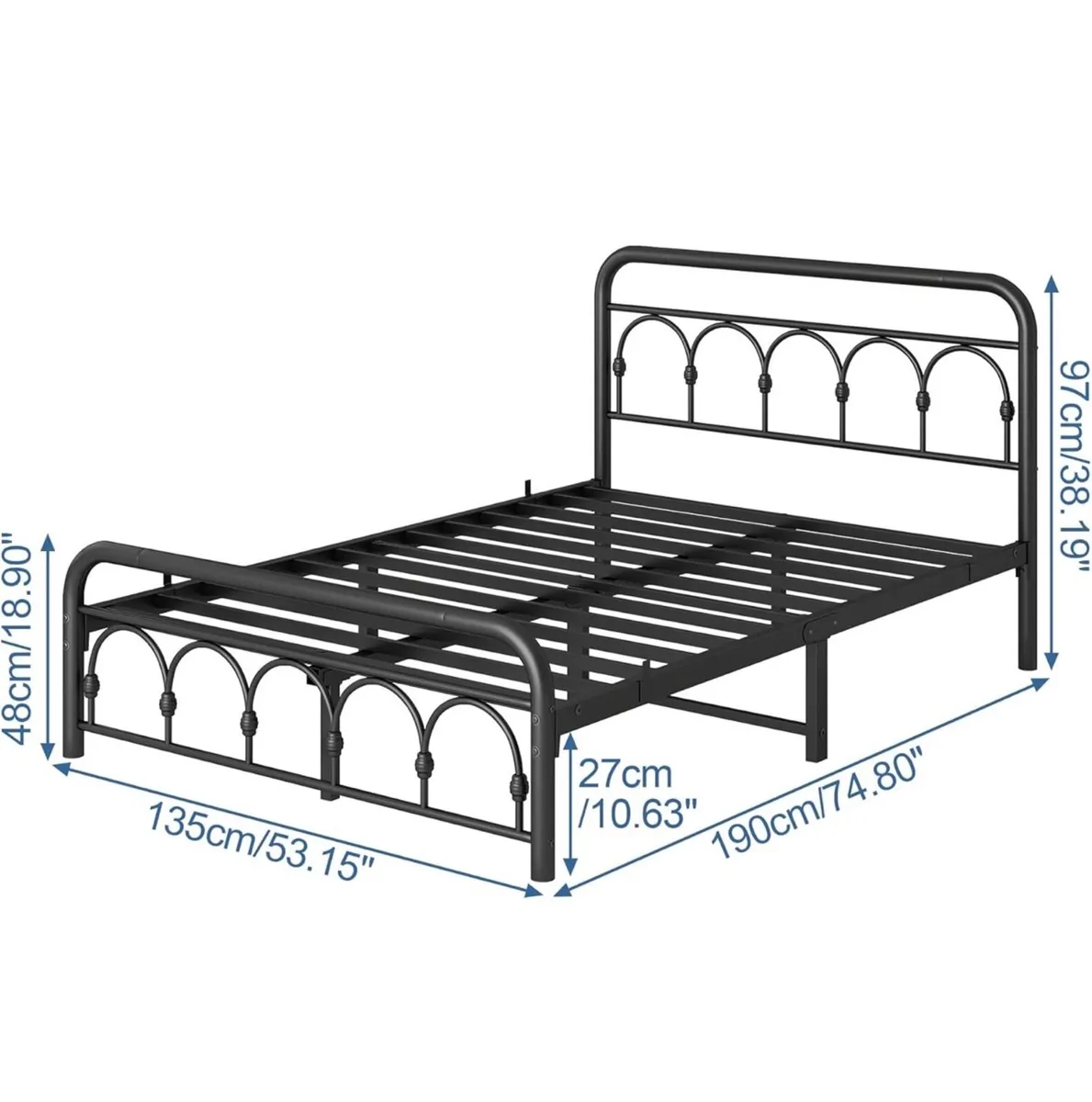 4ft6 Double Bed Frame with High Headboard and Foot - Image 2